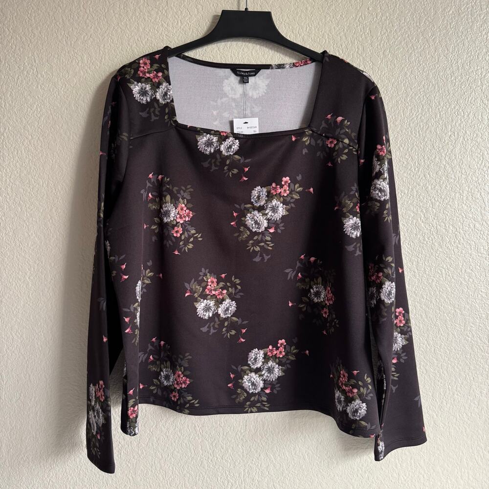 NWT Violets & Roses Square Neck Long Sleeve Floral Shirt Top Blouse Romantic XXL